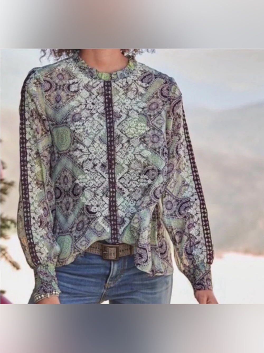 Sundance Boho Blouse Mock Neck Ruffle Embroidery Accent Paisley purple green